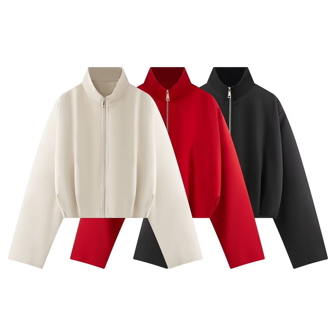 Women's Short Boxy Jacket with High Stand Collar, Full Zip and Oversized Sleeves Mune Fashion