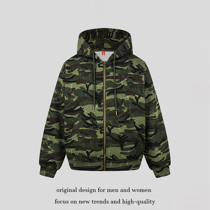 Unisex hooded sweat jacket in camouflage design with full-length zipper Mune Fashion