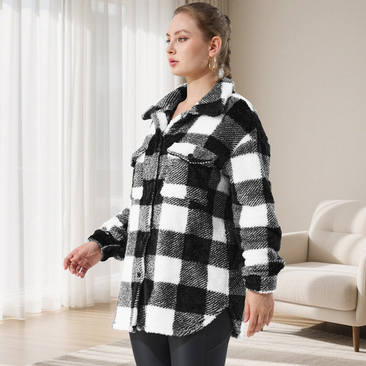 Women's Oversized Teddy Shirt Jacket with Check Pattern Mune Fashion