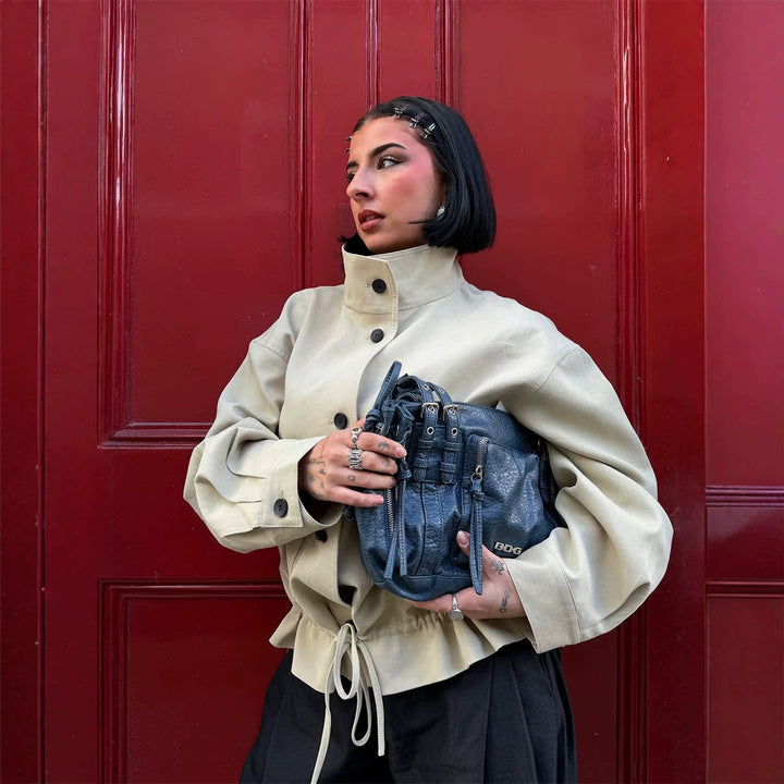 Women's Short-Cut Oversized Canvas Blouson with Stand-Up Collar Mune Fashion