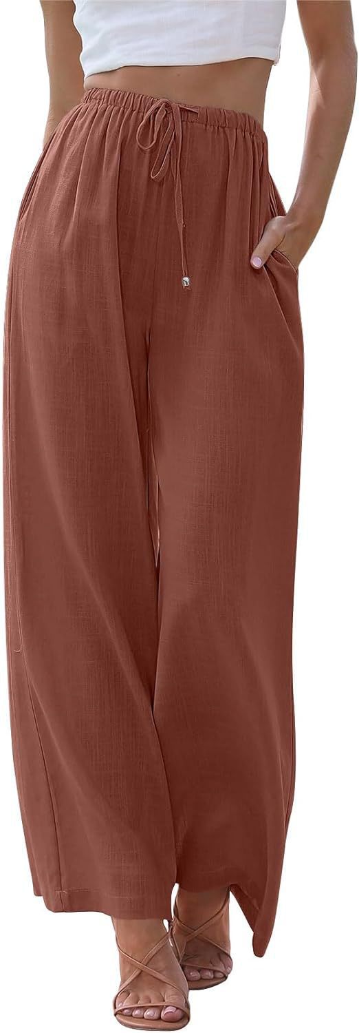 Women's wide linen pants with elastic waistband, drawstring, and side pockets Mune Fashion
