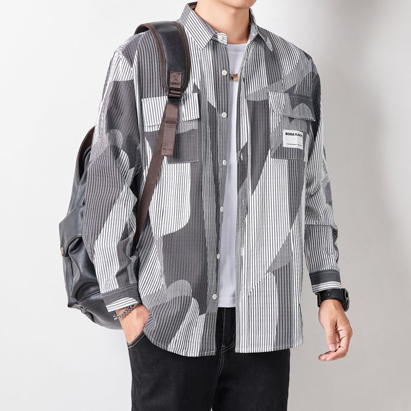 Men's Loose Shirt Jacket in Graphic Pinstripe Mix with Patch Chest Pockets Mune Fashion