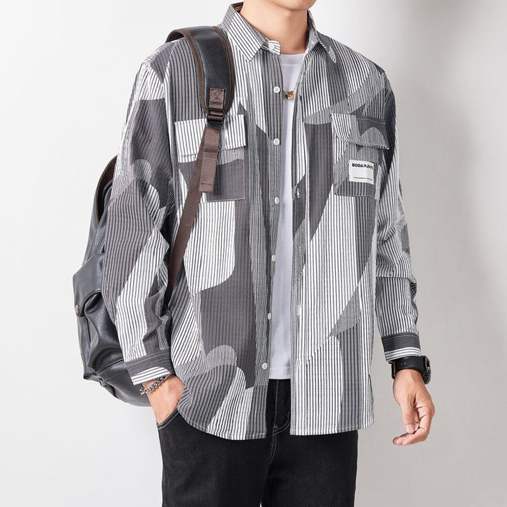 Men's Loose Shirt Jacket in Graphic Pinstripe Mix with Patch Chest Pockets Mune Fashion