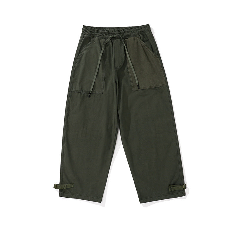 Men's wide cropped cargo pants with elastic drawstring waistband, patch pockets and adjustable ankle straps Mune Fashion
