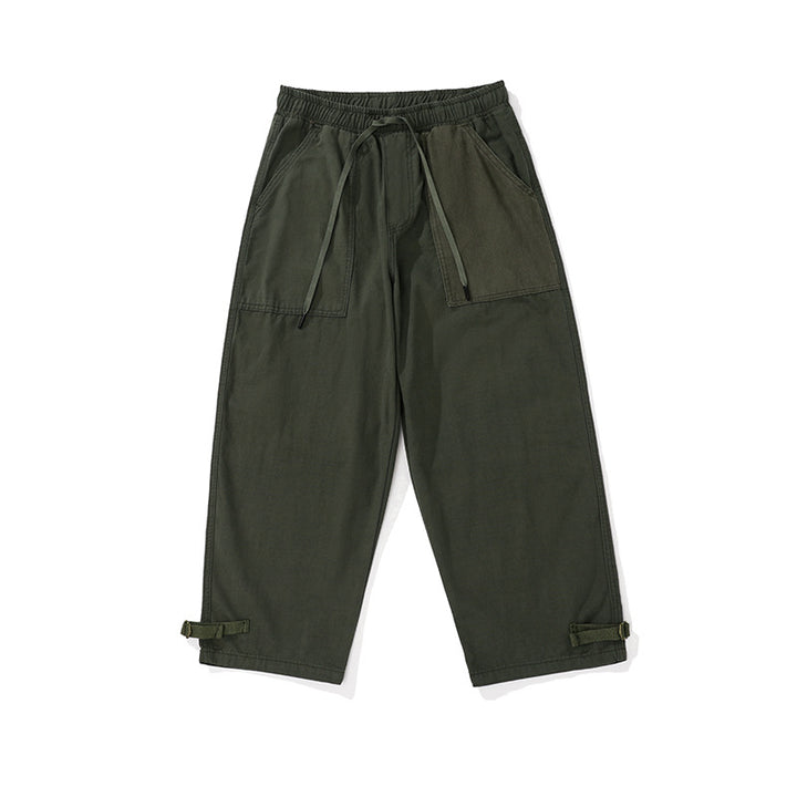 Men's wide cropped cargo pants with elastic drawstring waistband, patch pockets and adjustable ankle straps Mune Fashion