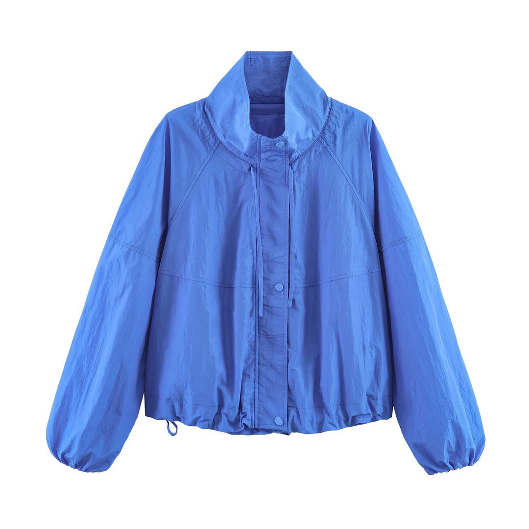 Women's Lightweight Wind and Travel Jacket with Stand Collar, Concealed Snap Placket and Drawstring Hem Mune Fashion