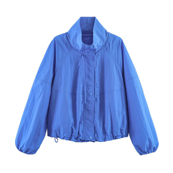 Women's Lightweight Wind and Travel Jacket with Stand Collar, Concealed Snap Placket and Drawstring Hem Mune Fashion