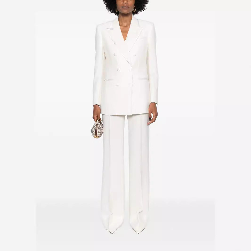 Women's Double-Breasted Long Blazer Pantsuit with Marlene Wide Leg Pants and Slim Silhouette Mune Fashion