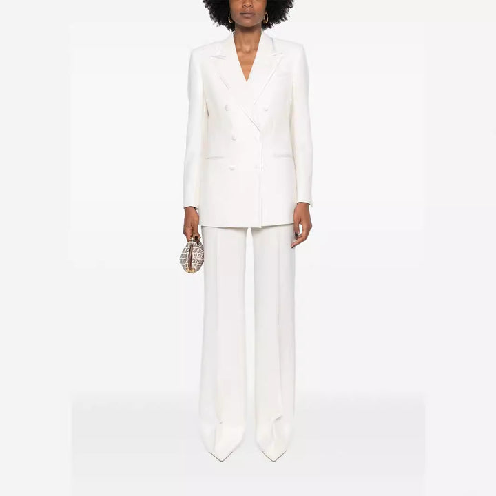 Women's Double-Breasted Long Blazer Pantsuit with Marlene Wide Leg Pants and Slim Silhouette Mune Fashion