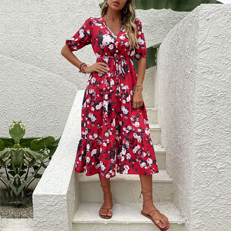 Women's Floral Midi Dress with V-Neck, Tie Belt, Ruffle Layers and Leg Slit Mune Fashion