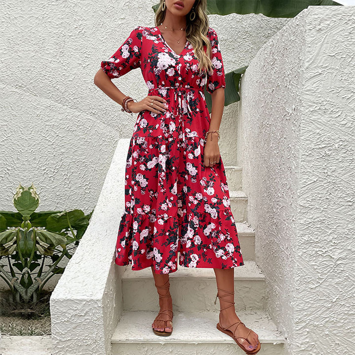 Women's Floral Midi Dress with V-Neck, Tie Belt, Ruffle Layers and Leg Slit Mune Fashion