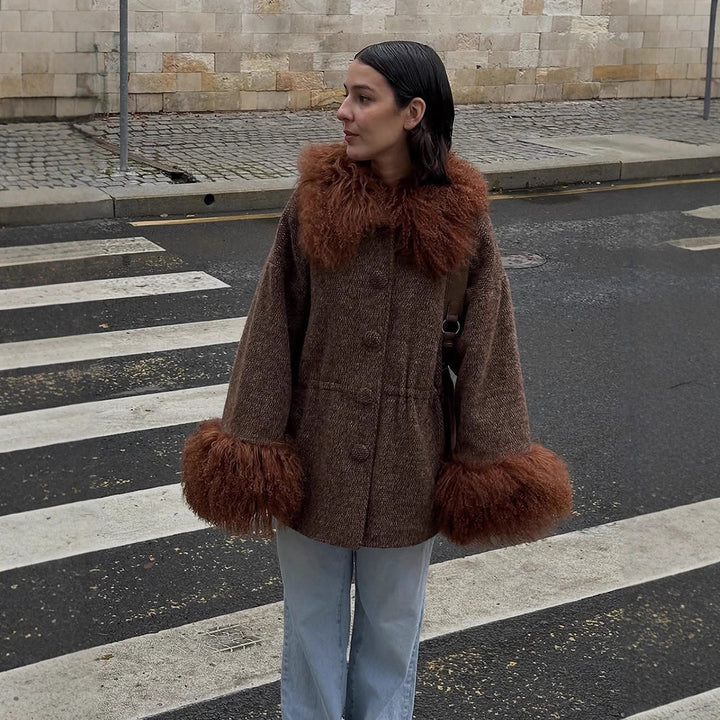 Women's Oversize Wool Blend Marca Coat with Voluminous Lamb Fur Imitation Collar and Extra Wide Sleeve Cuffs Mune Fashion