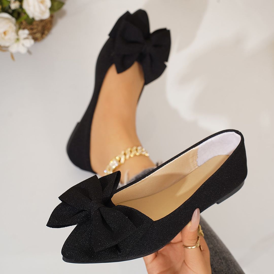 Ladies elegant lace ballerinas with large decorative bow and shimmering upper material Mune Fashion