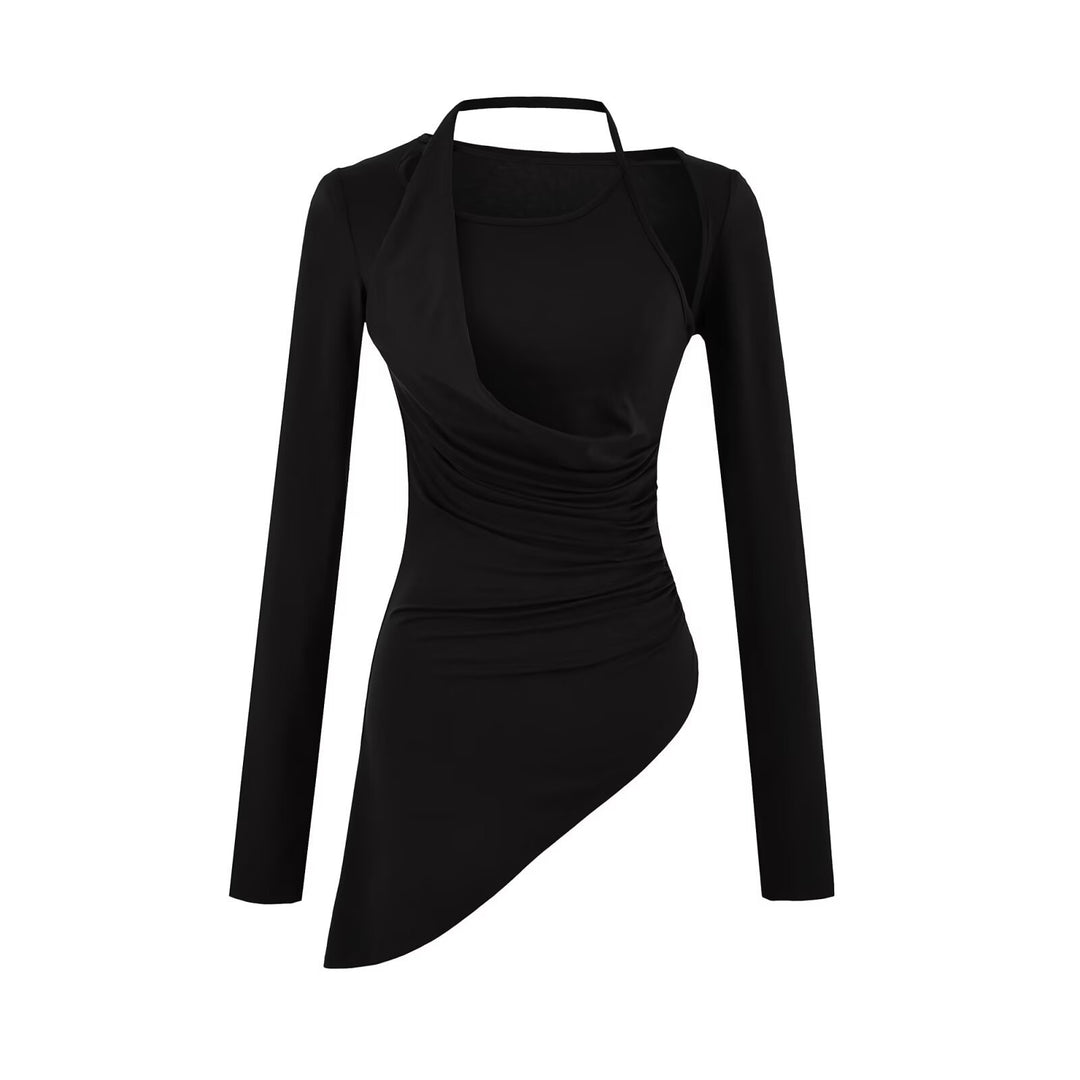 Women Fitted Long Sleeve Midi Dress with Asymmetrical Hem, Gathering and Halter Neck