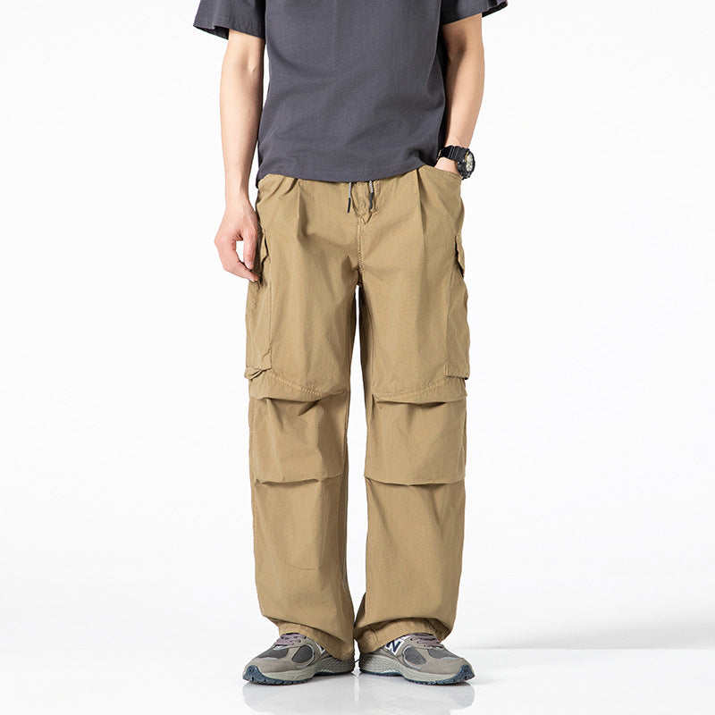 Men's Wide Cargo Pants with Drawstring Waistband, Multi-Functional Pockets and Split Knee Sections Drune