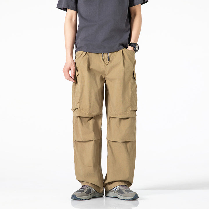 Men's Wide Cargo Pants with Drawstring Waistband, Multi-Functional Pockets and Split Knee Sections Drune