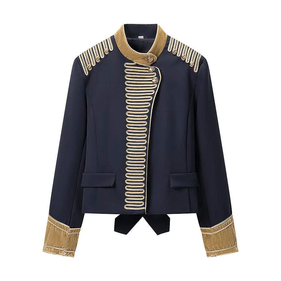 Ladies military parade jacket with gold-embellished braids, stand-up collar and velvet cuffs Mune Fashion