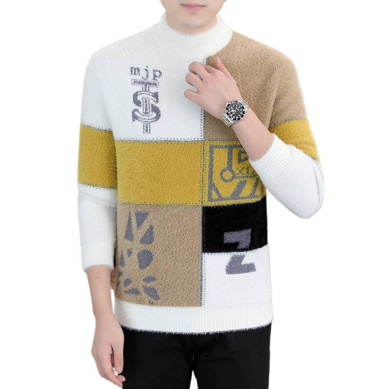 Men's patterned roll-neck pullover made of fluffy bouclé mix with patch intarsia Mune Fashion