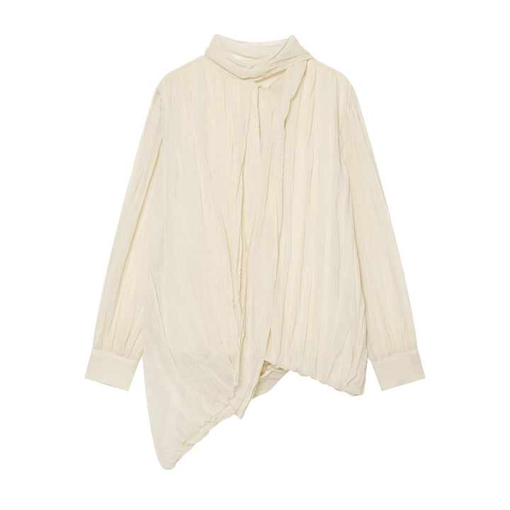 Women's Ruched Crinkle Blouse with Funnel Neck, Balloon Sleeves and Twisted Hem Mune Fashion