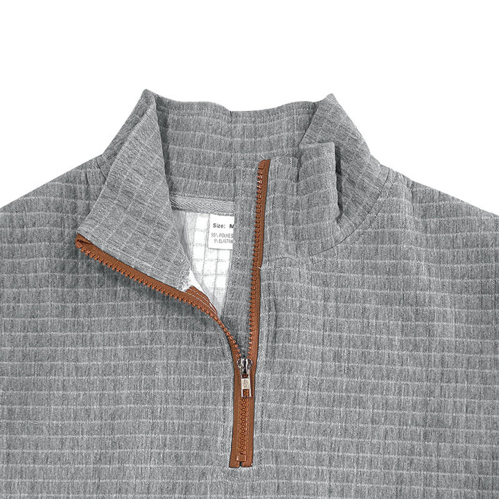 Men's quilted half-zip sweatshirt with stand-up collar, kangaroo pocket, and faux leather elbow patches Mune Fashion