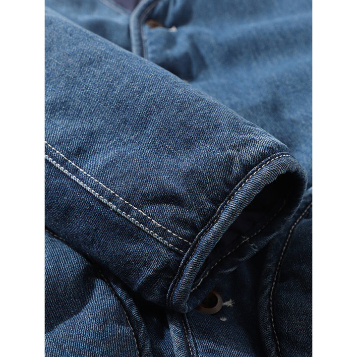 Men's Insulated Denim Utility Jacket Without Collar with Button Closure and Round Flap Pockets Mune Fashion