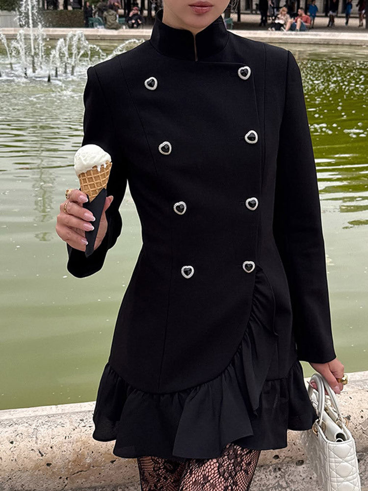 Women Tailored Double-Breasted Short Blazer with Stand Collar, Flounce Hem and Heart Button Detail