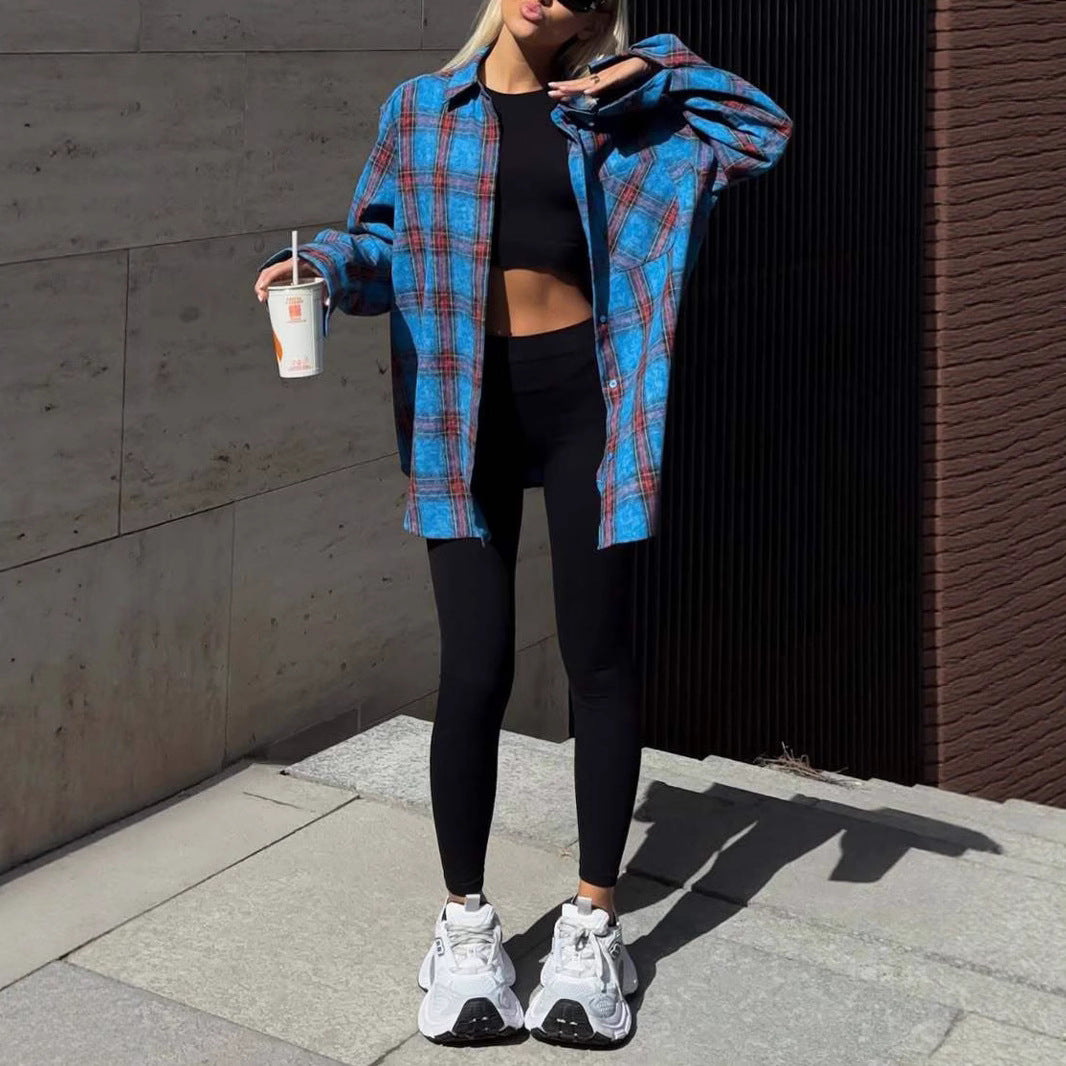 Women's checked oversized flannel shirt jacket with applied breast pocket Mune Fashion