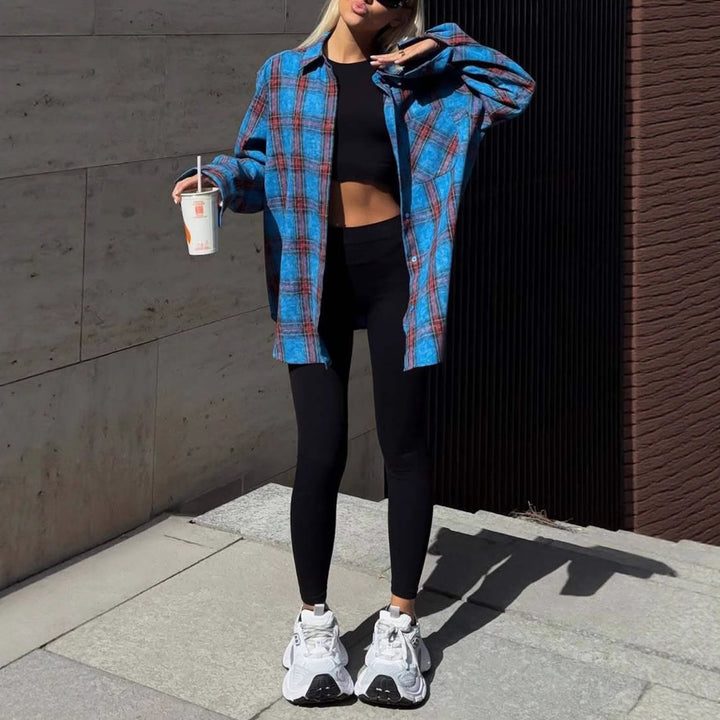 Women's checked oversized flannel shirt jacket with applied breast pocket Mune Fashion
