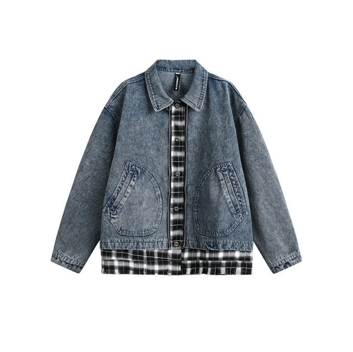Unisex Kastig cut Denim jacket in layered look with checked lining Mune Fashion