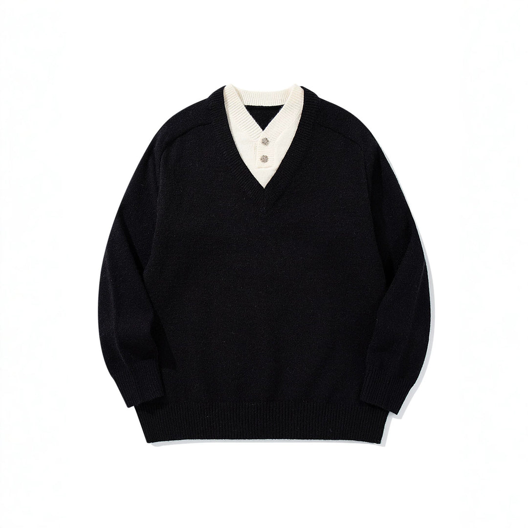 Men's pullover with deep V-neck and integrated Henley collar Mune Fashion