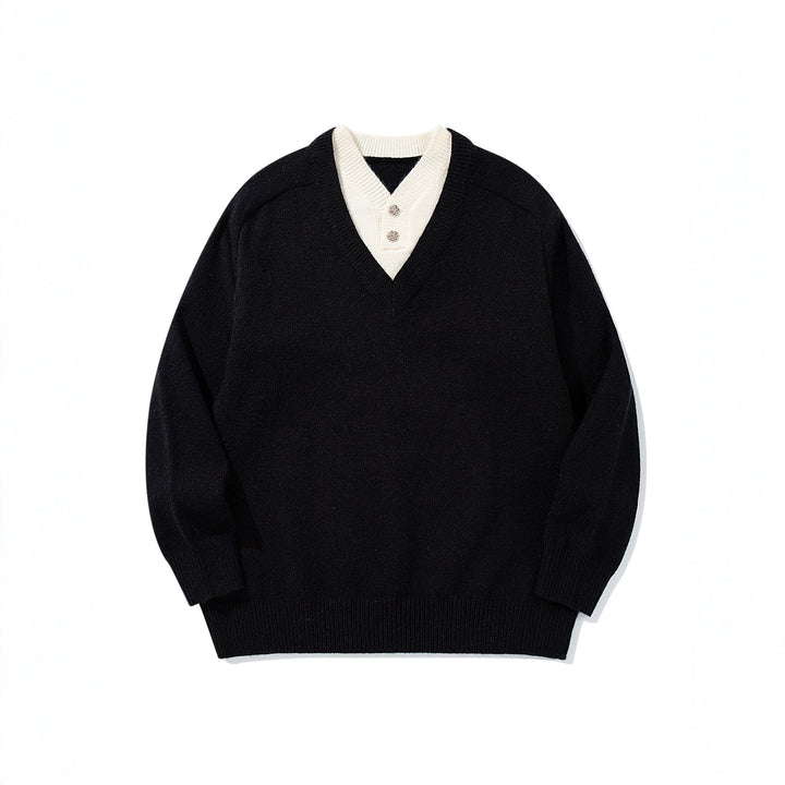 Men's pullover with deep V-neck and integrated Henley collar Mune Fashion