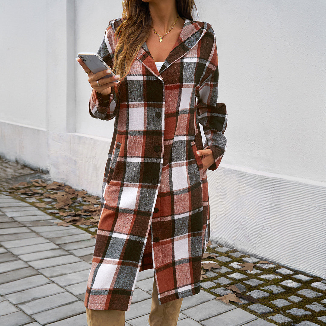 Women's casual hoodie shirt dress with checkered flannel look, full button placket and high side slit Mune Fashion