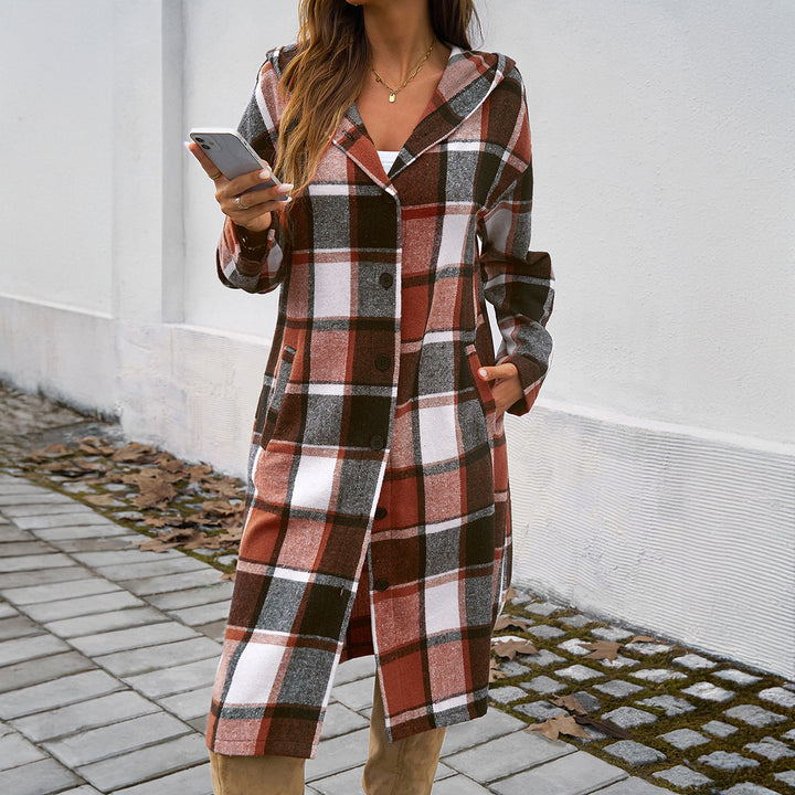 Women's casual hoodie shirt dress with checkered flannel look, full button placket and high side slit Mune Fashion