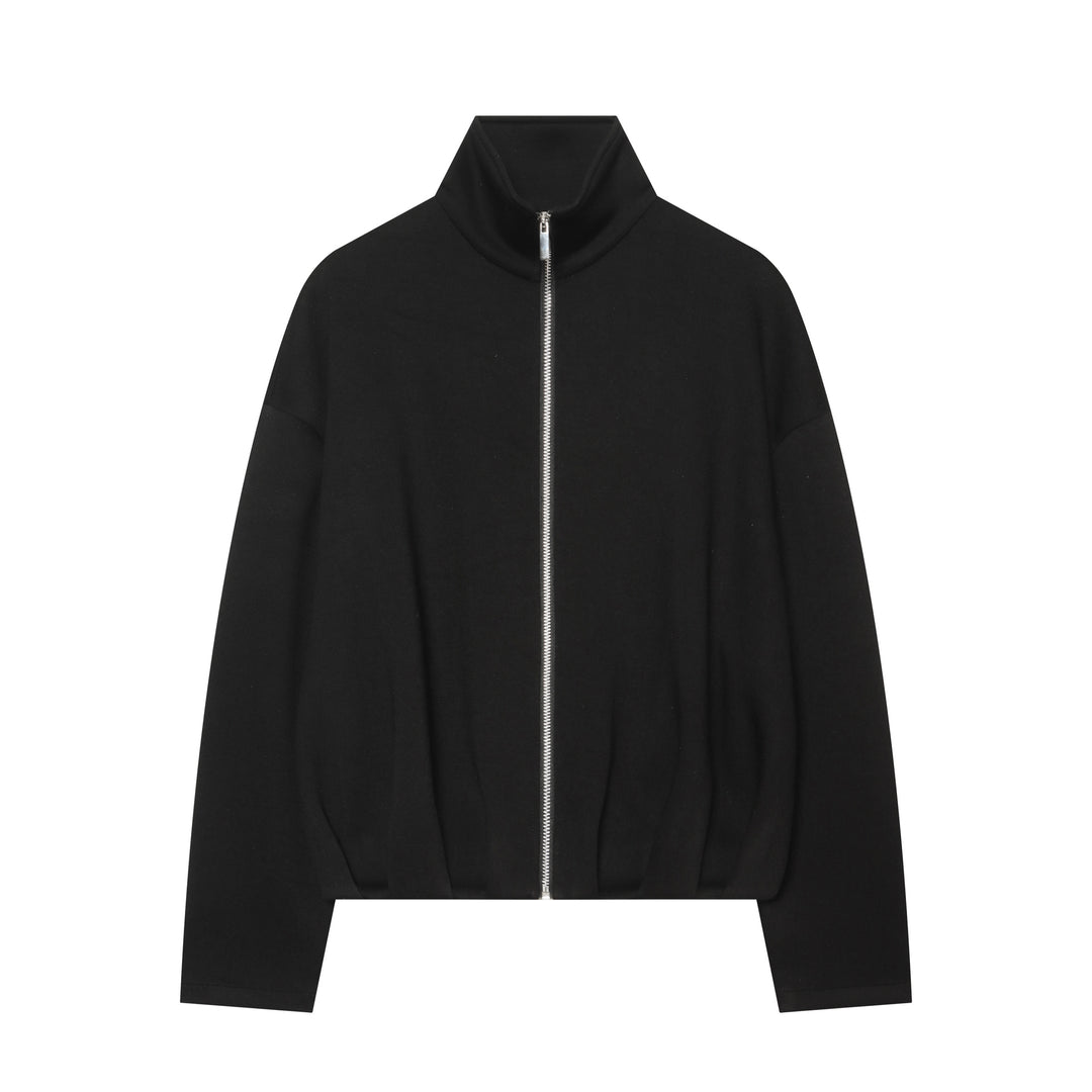 Women's cropped sweat jacket with high stand-up collar, full-length zipper and tailored drawstring hem Mune Fashion