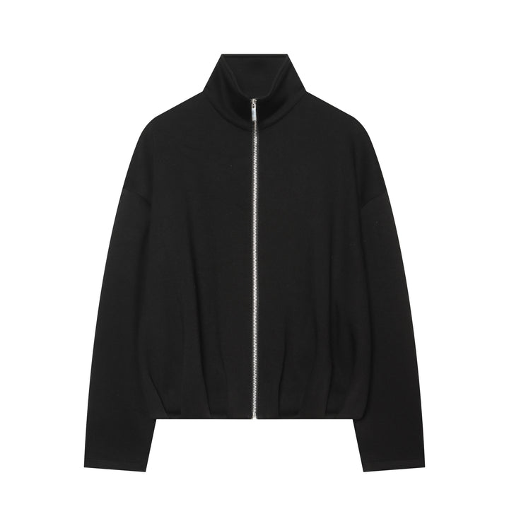 Women's cropped sweat jacket with high stand-up collar, full-length zipper and tailored drawstring hem Mune Fashion