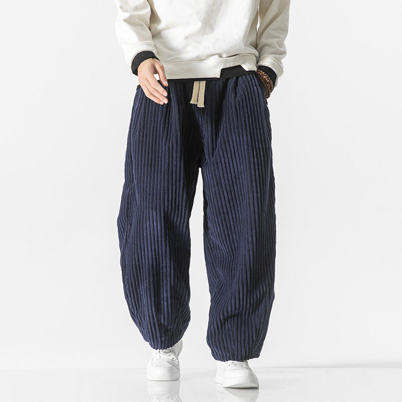 Men's Loose-Fit Corduroy Balloon Pants with Drawstring and Wide Rib Relief Mune Fashion