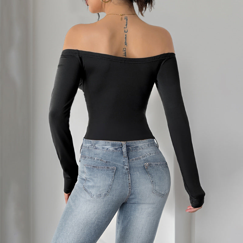 Women's Off-Shoulder Long Sleeve with Rose Appliqué and Tailored Gathering Mune Fashion