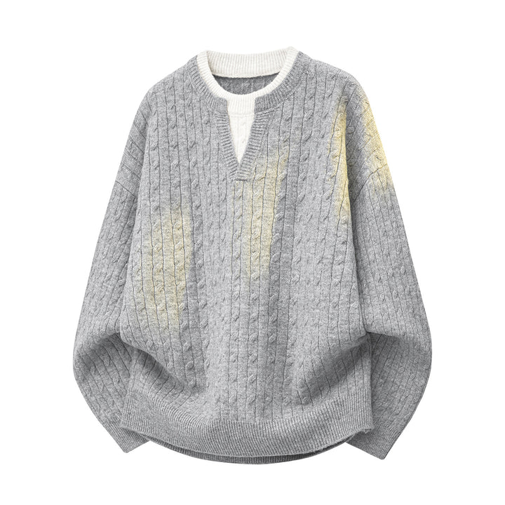 Women's Oversize Cable Knit Sweater with V-Neck and Layered Collar Mune Fashion