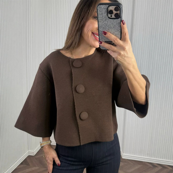 Ladies Short Boxy Cardigan with Large Fabric Buttons Mune Fashion