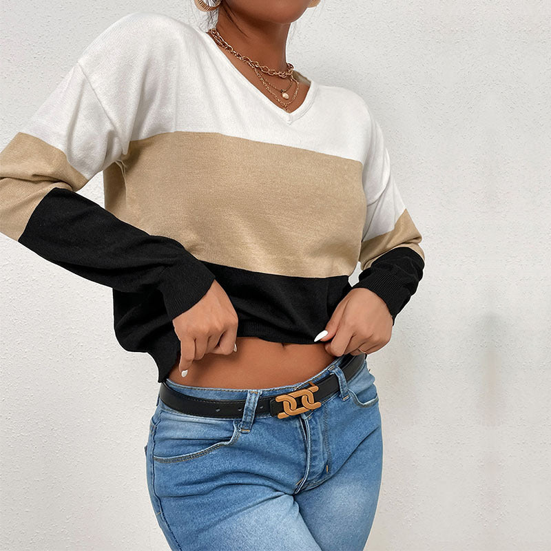 Women Elegant V-Neck Fine Knit Sweater with Wide Block Stripes Mune Fashion