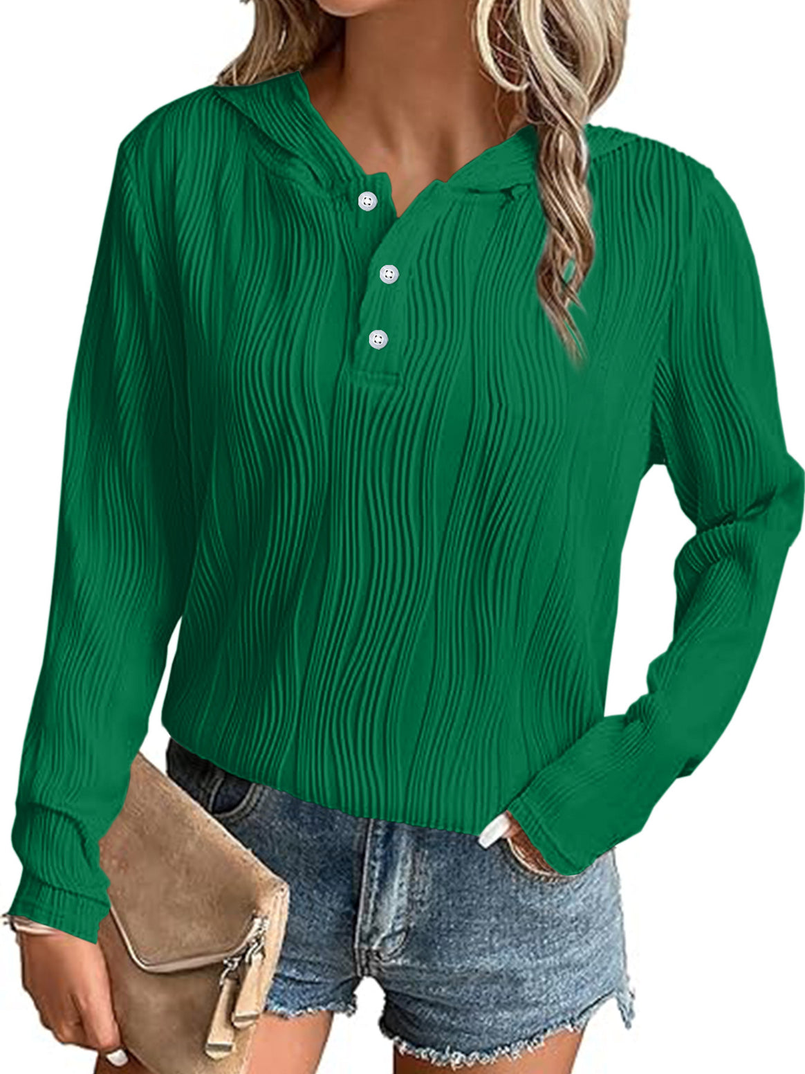 Women's Ribbed Hooded Henley Shirt with Button Placket and Light Texture Mune Fashion