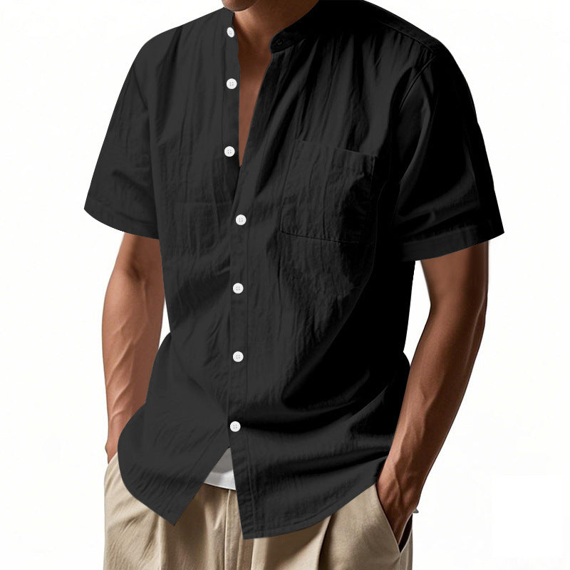 Men's nan legeres short-sleeve linen blend shirt with stand-up collar, chest pocket, and continuous button placket Mune Fashion