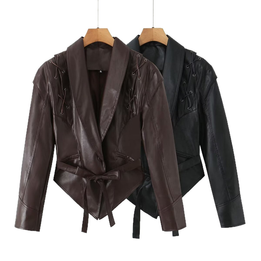 Women's tailored faux leather blazer with lacing details at the shoulders and tie belt Mune Fashion