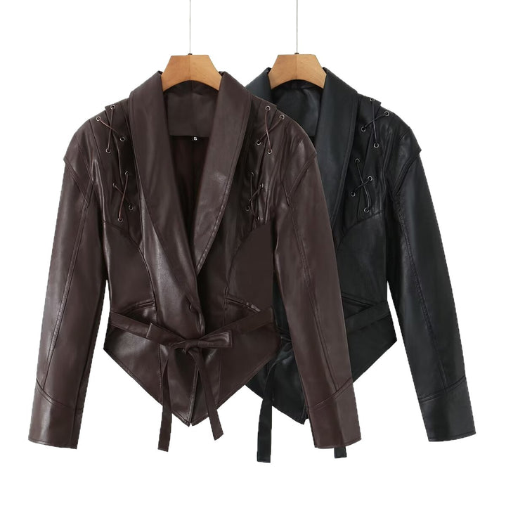 Women's tailored faux leather blazer with lacing details at the shoulders and tie belt Mune Fashion