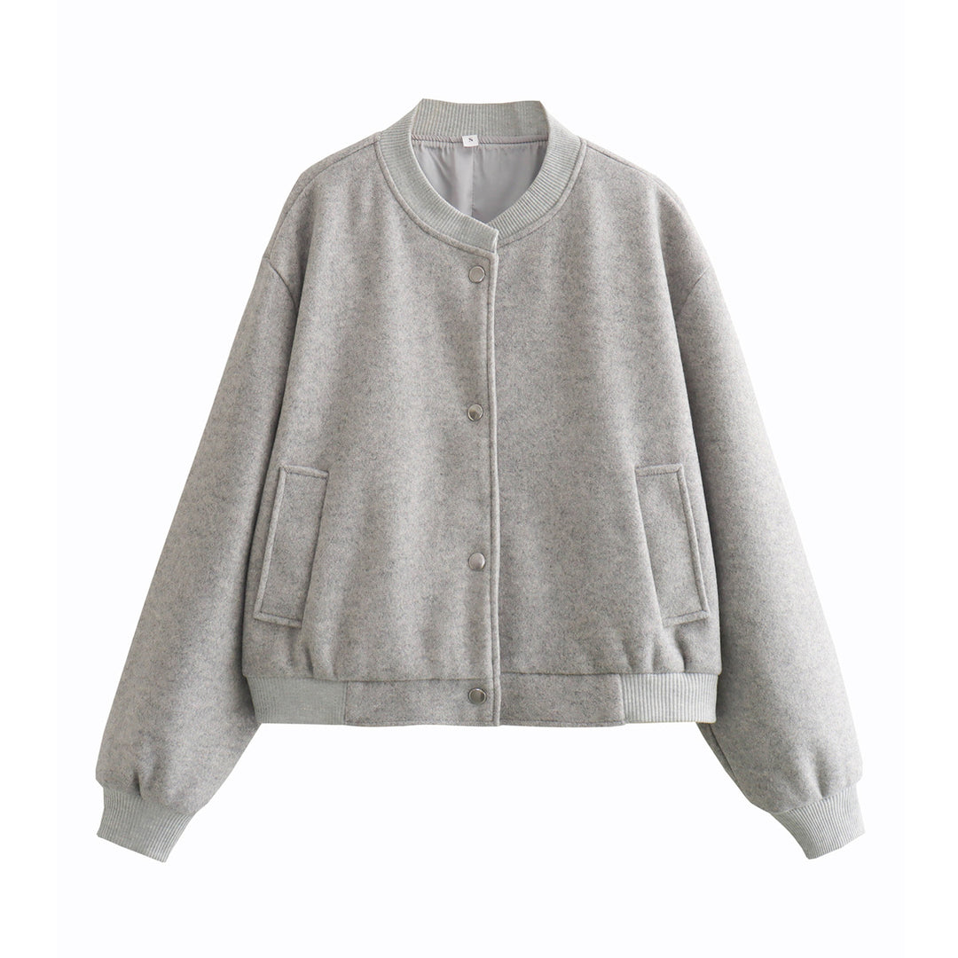 Women’s Oversized Bomber Jacket in Wool Blend with Snap Closure and Ribbed Hem Mune Fashion