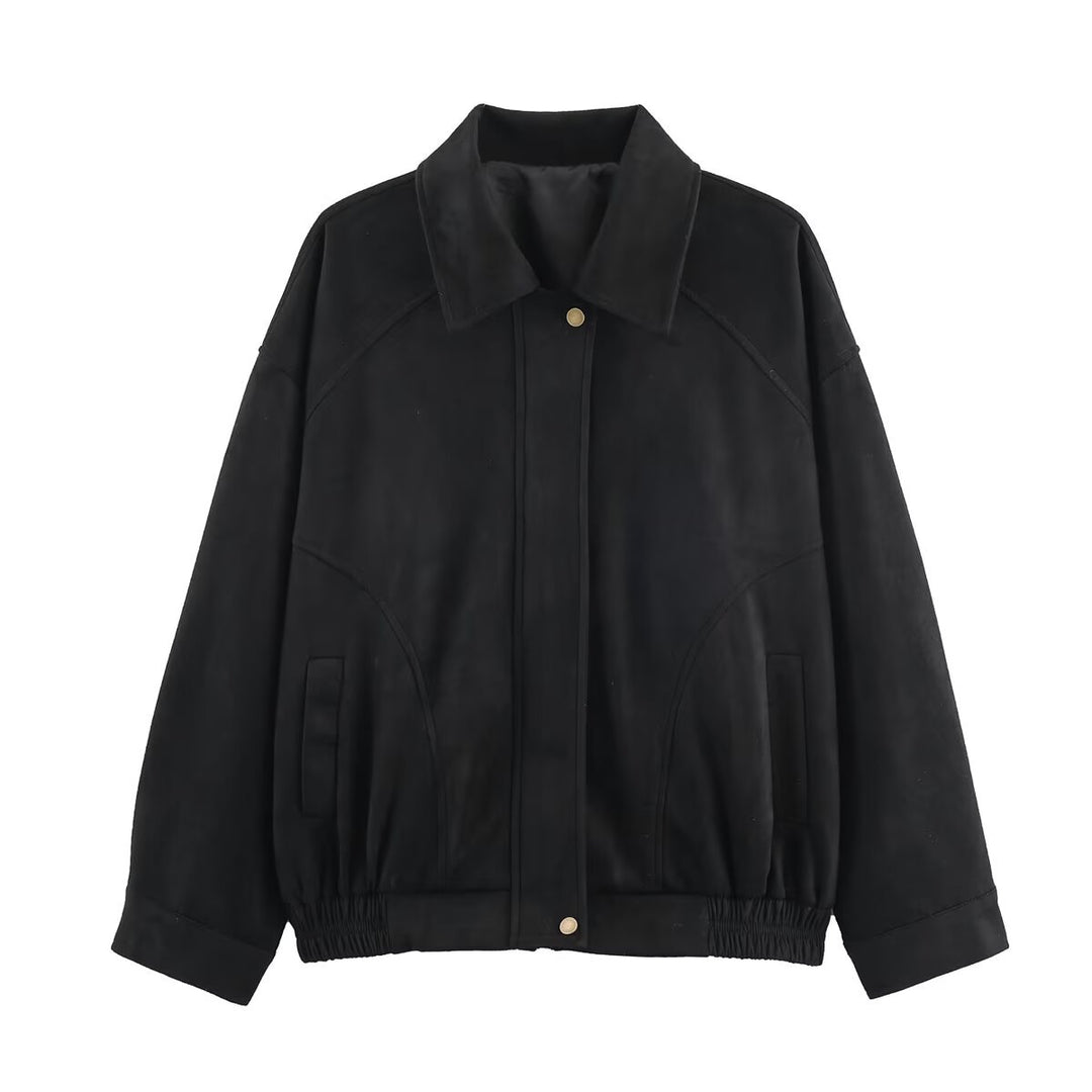 Women's oversized velvet bomber jacket with shirt collar, concealed snap button placket and elastic hem Mune Fashion