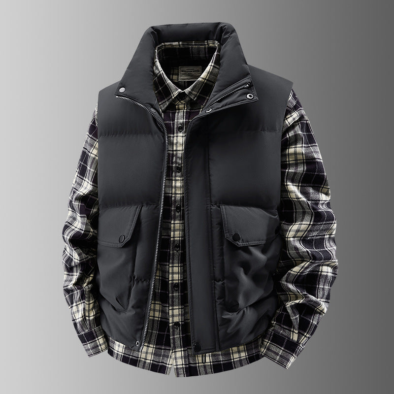 Men's Padded Quilted Vest with Utility Pockets and High Standing Collar Mune Fashion