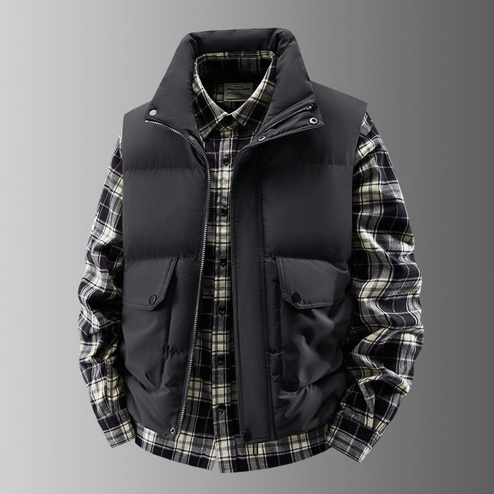 Men's Padded Quilted Vest with Utility Pockets and High Standing Collar Mune Fashion
