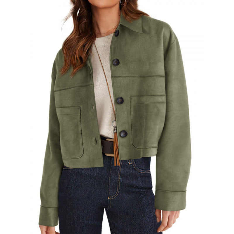 Women's short suede-look jacket with patch pockets and shirt collar Mune Fashion