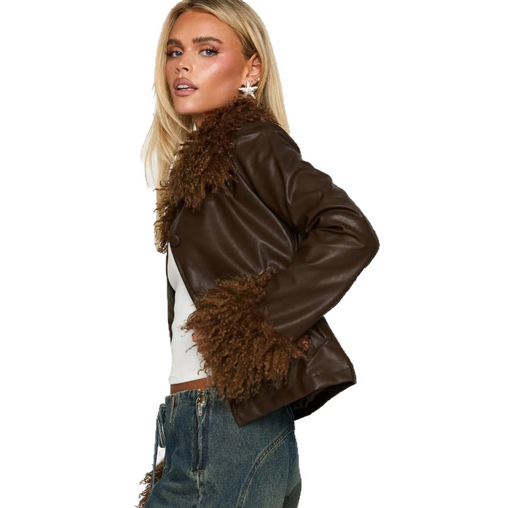 Women's short faux leather jacket with voluminous fur collar and fur cuffs Mune Fashion